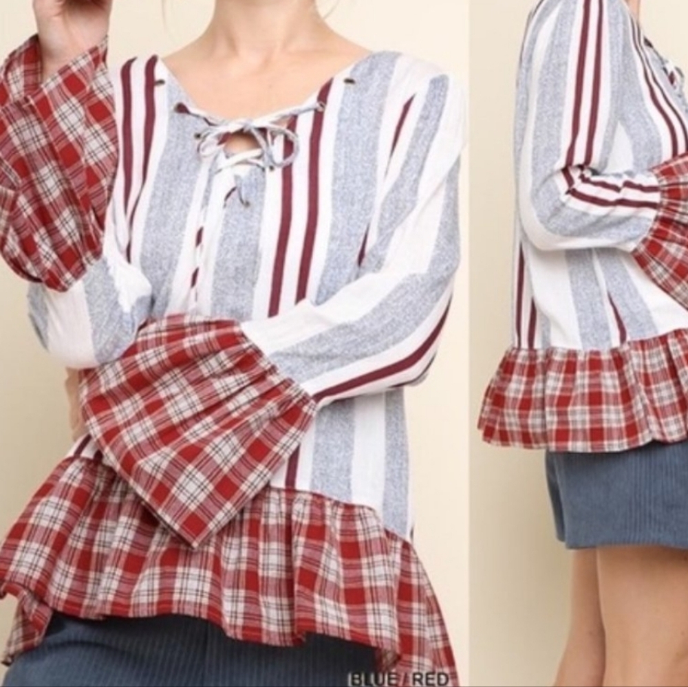 Umgee Red and Blue Striped Blouse